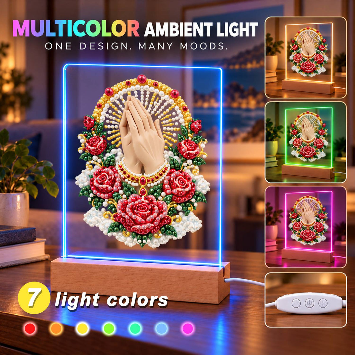 Praying Hands in a Rose Garland (Light-Up Pearl Painting)