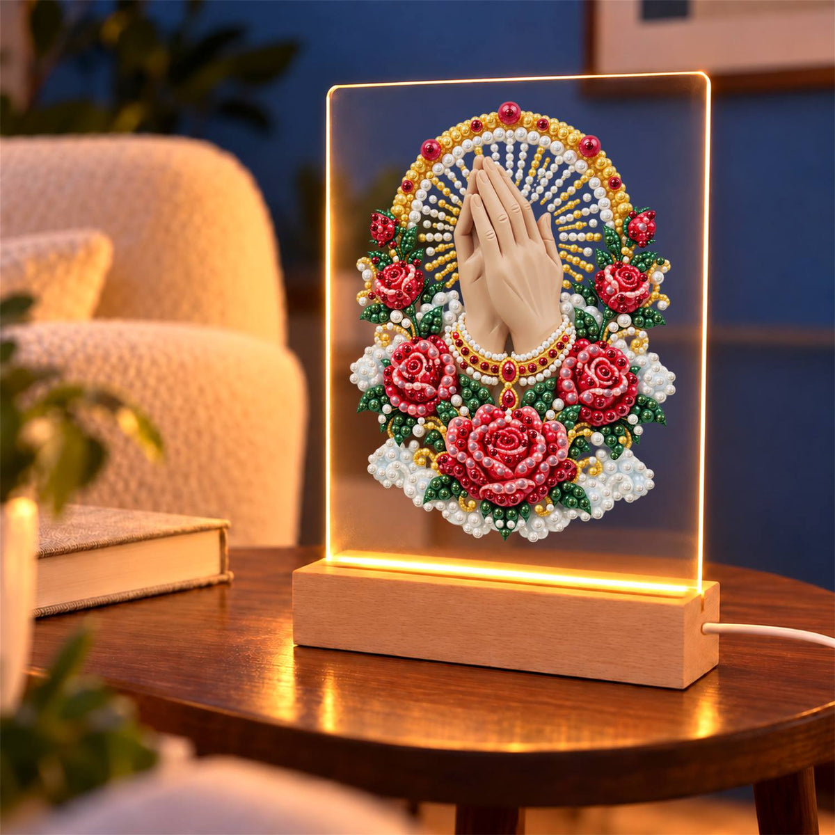 Praying Hands in a Rose Garland (Light-Up Pearl Painting)