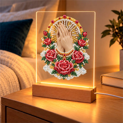 Praying Hands in a Rose Garland (Light-Up Pearl Painting)