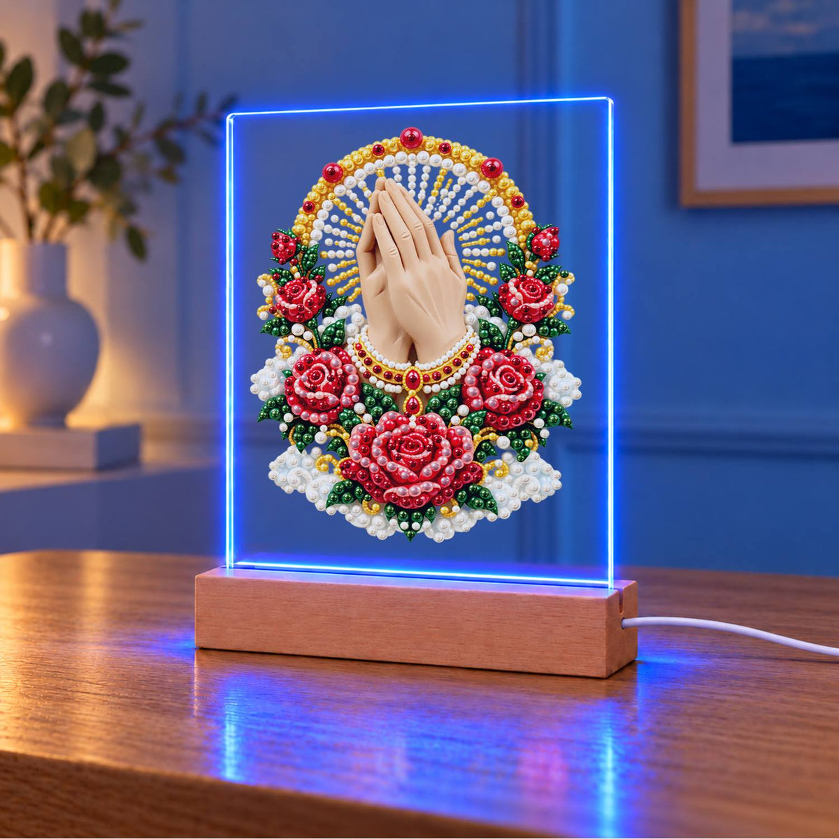 Praying Hands in a Rose Garland (Light-Up Pearl Painting)