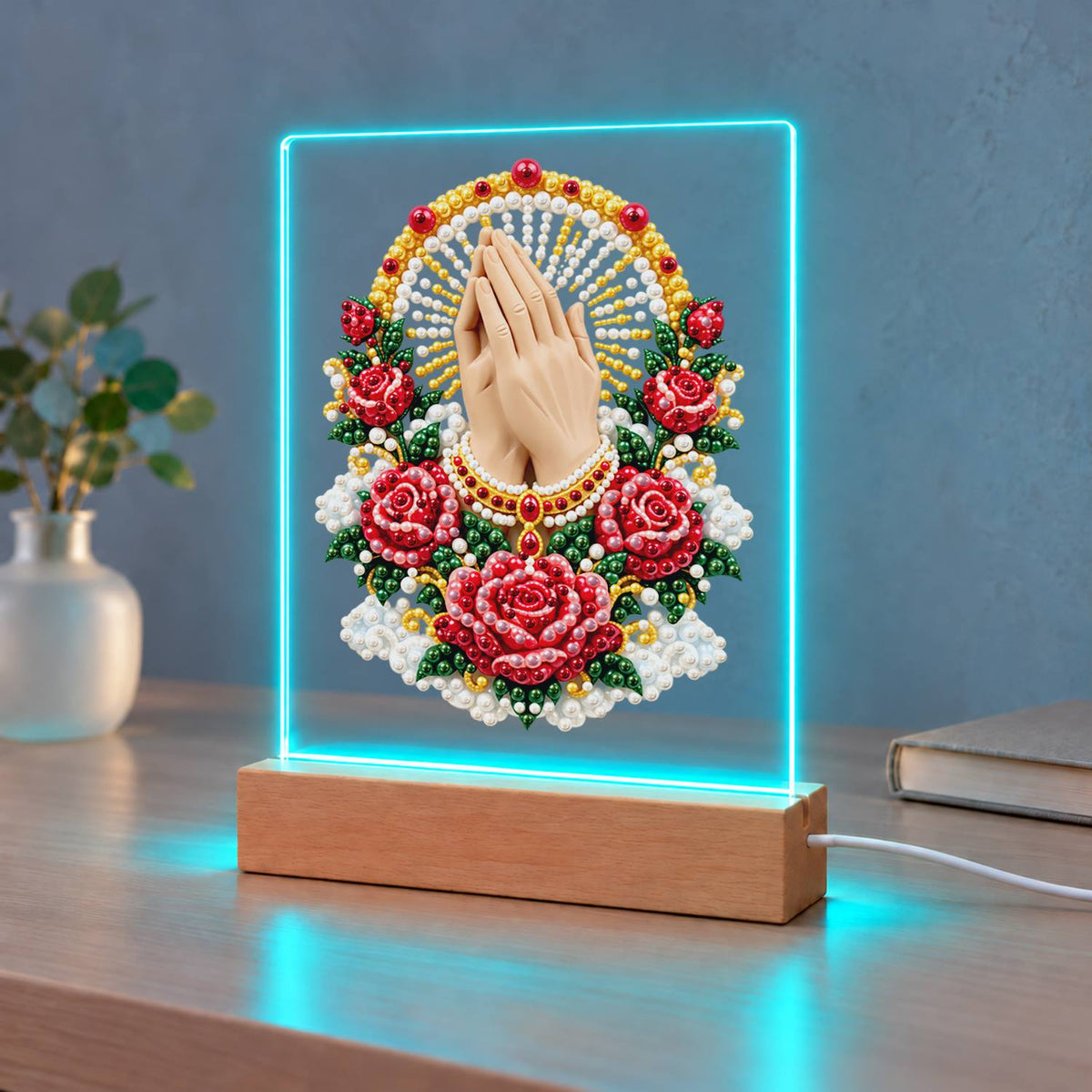 Praying Hands in a Rose Garland (Light-Up Pearl Painting)