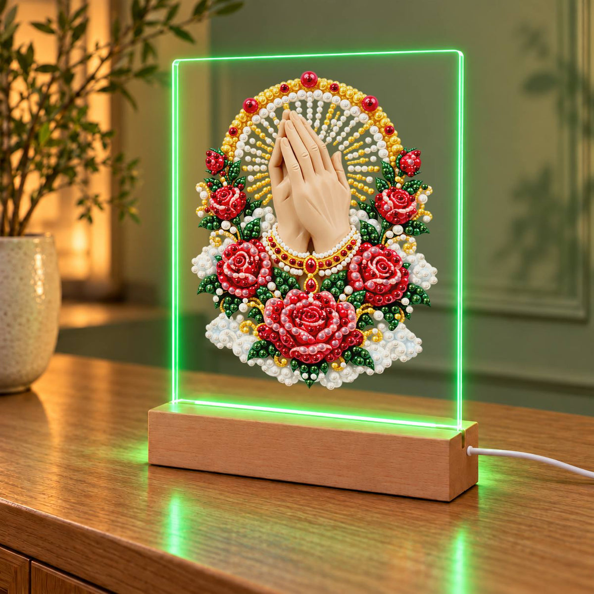 Praying Hands in a Rose Garland (Light-Up Pearl Painting)