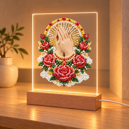 Praying Hands in a Rose Garland (Light-Up Pearl Painting)