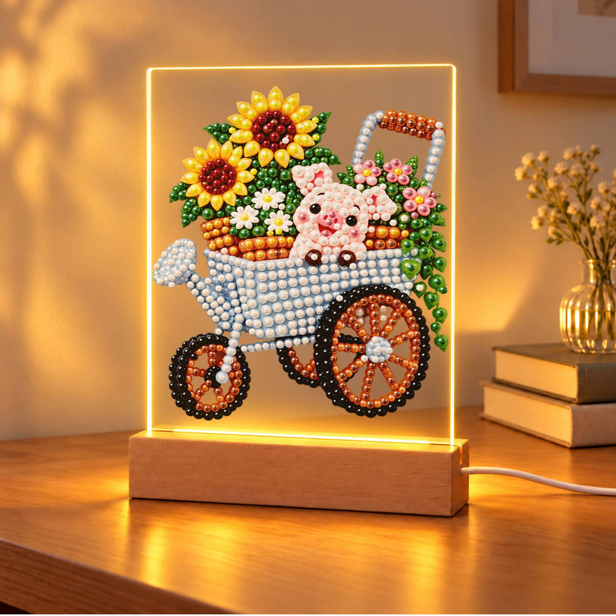 Piglet in a Sunflower Wheelbarrow (Light-Up Pearl Painting)