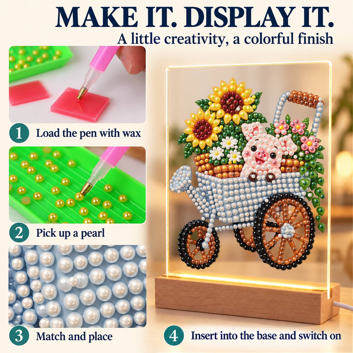 Piglet in a Sunflower Wheelbarrow (Light-Up Pearl Painting)