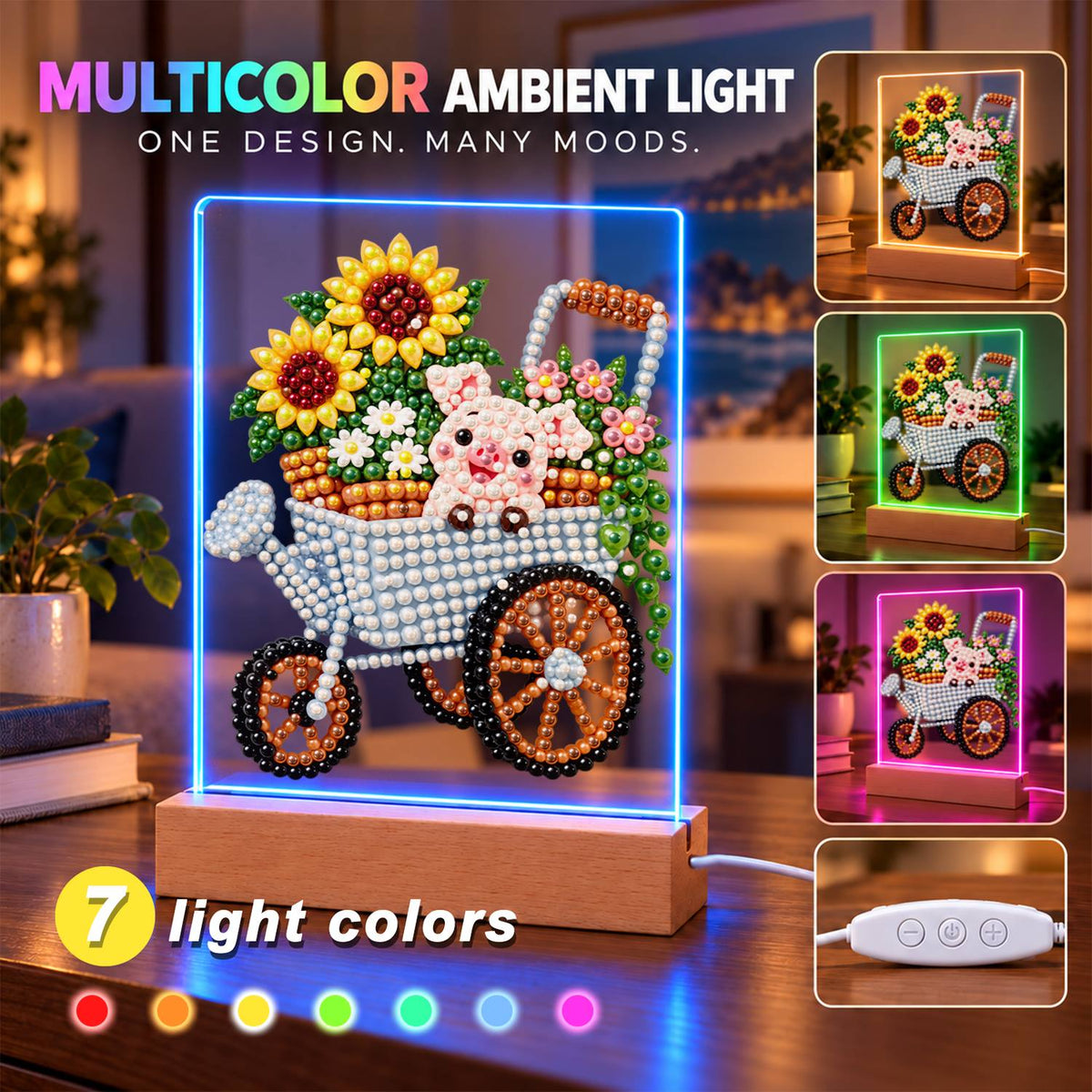 Piglet in a Sunflower Wheelbarrow (Light-Up Pearl Painting)