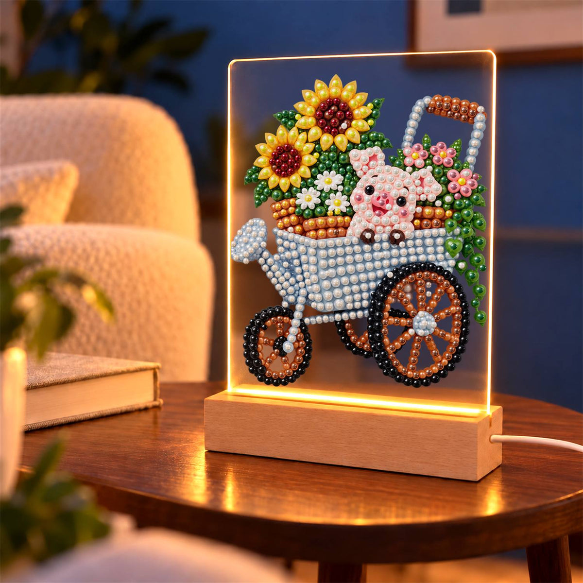 Piglet in a Sunflower Wheelbarrow (Light-Up Pearl Painting)
