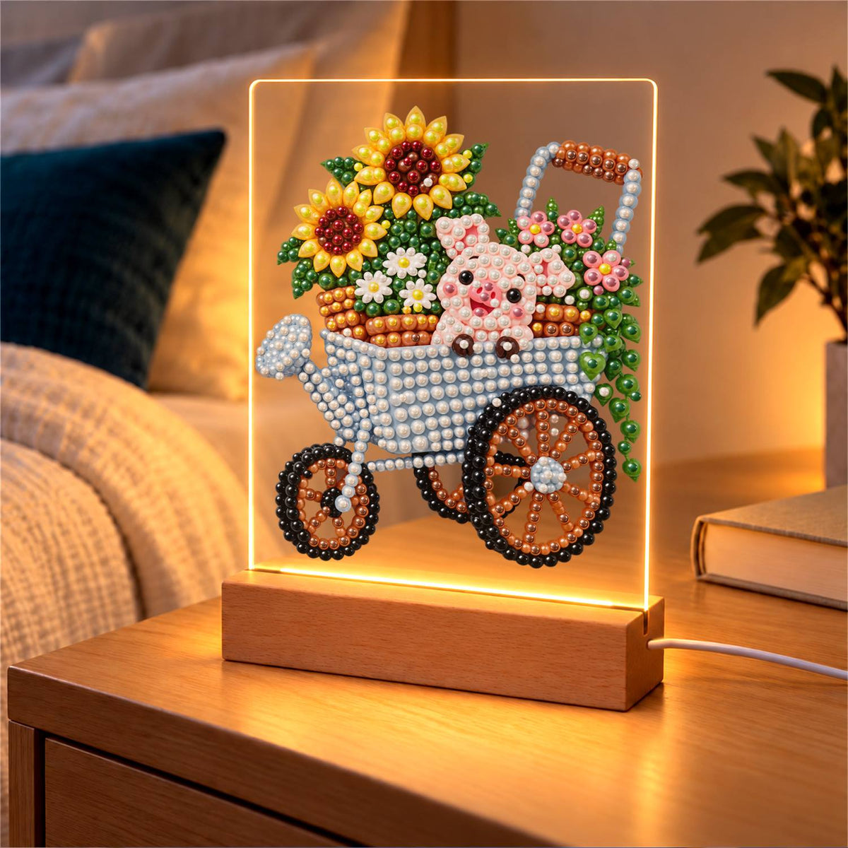 Piglet in a Sunflower Wheelbarrow (Light-Up Pearl Painting)
