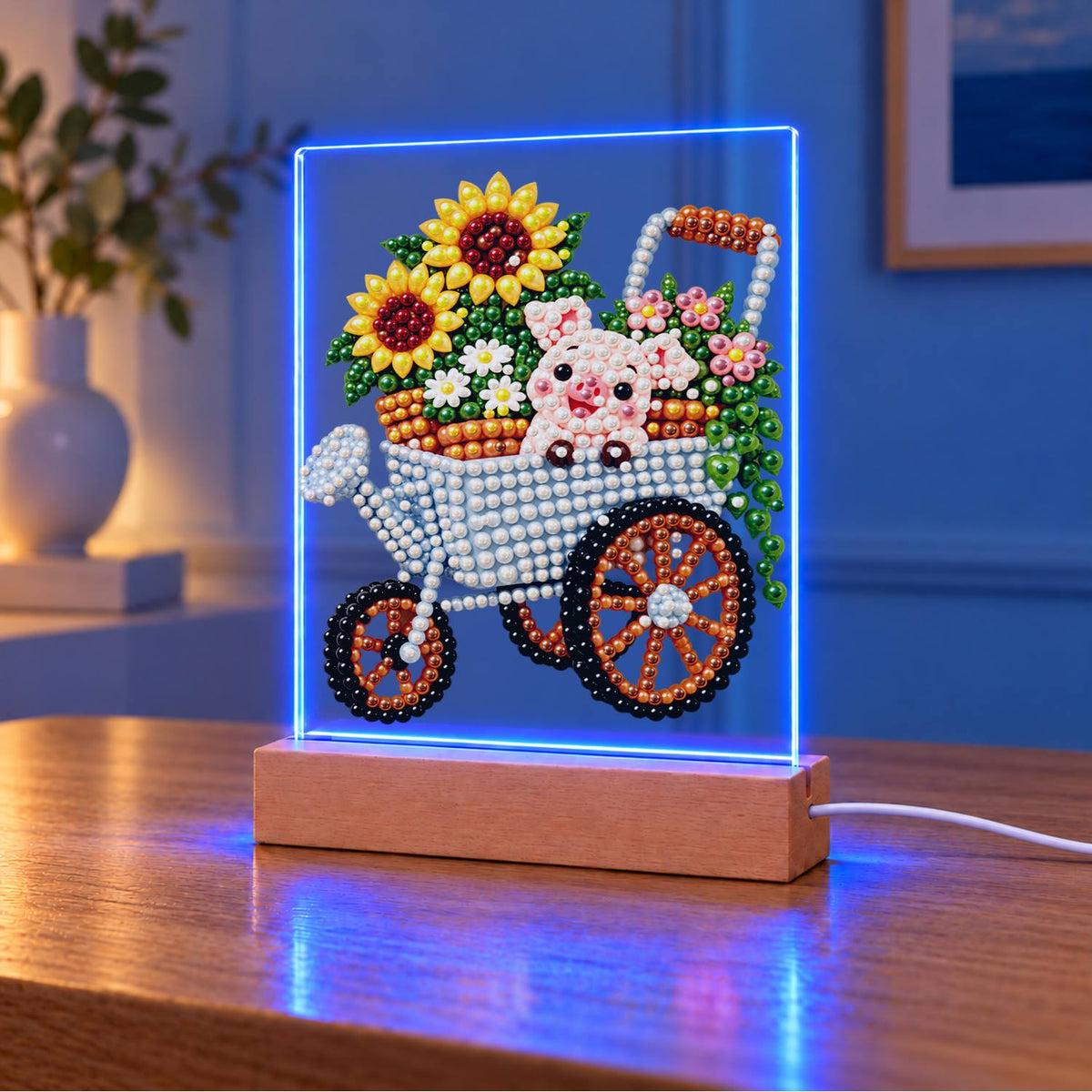 Piglet in a Sunflower Wheelbarrow (Light-Up Pearl Painting)