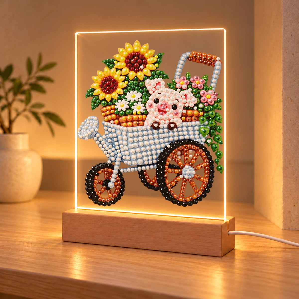 Piglet in a Sunflower Wheelbarrow (Light-Up Pearl Painting)