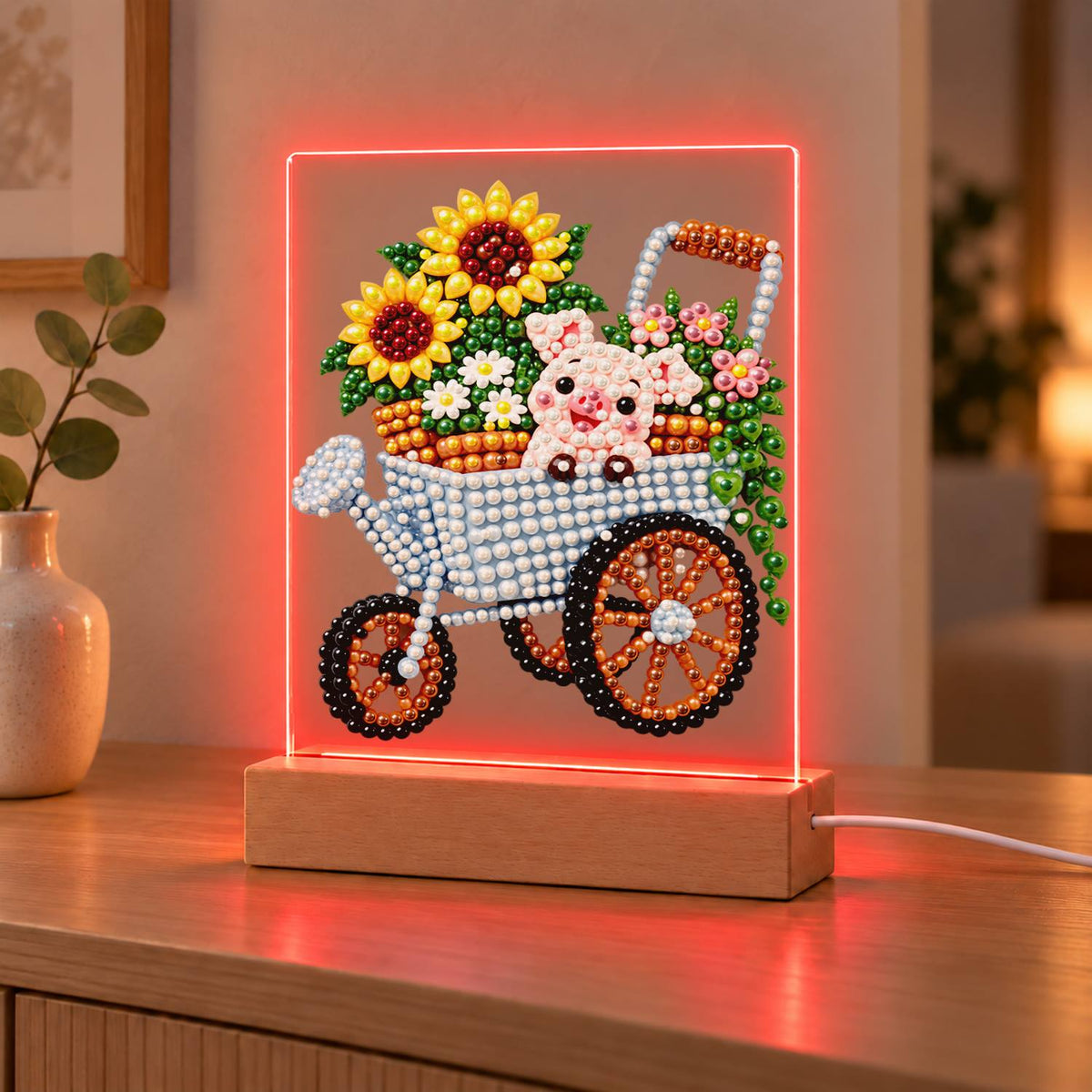Piglet in a Sunflower Wheelbarrow (Light-Up Pearl Painting)