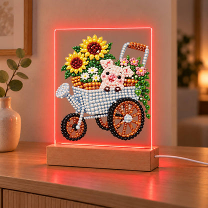 Piglet in a Sunflower Wheelbarrow (Light-Up Pearl Painting)