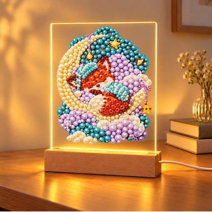 Nightcap Fox on a Crescent Moon (Light-Up Pearl Painting)