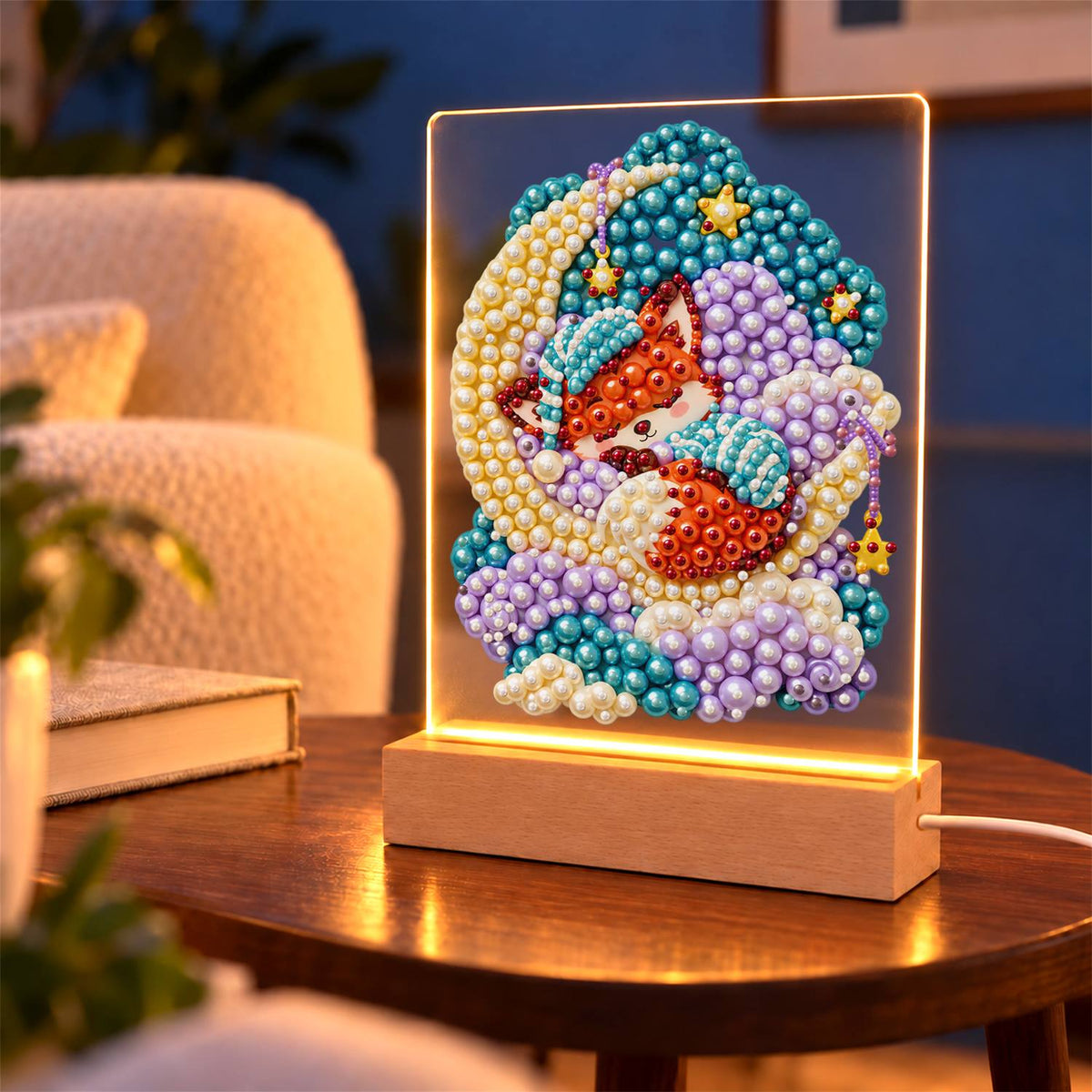 Nightcap Fox on a Crescent Moon (Light-Up Pearl Painting)