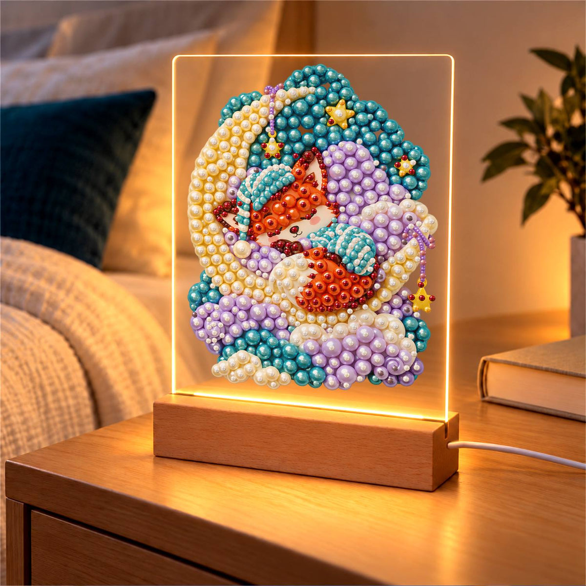 Nightcap Fox on a Crescent Moon (Light-Up Pearl Painting)