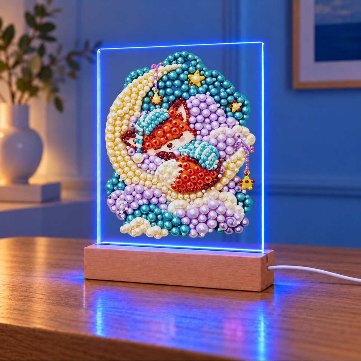 Nightcap Fox on a Crescent Moon (Light-Up Pearl Painting)