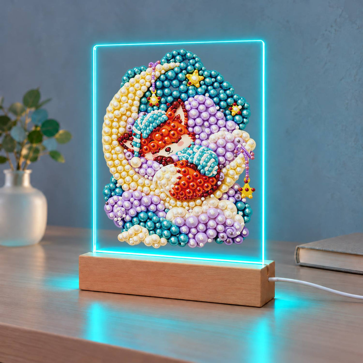 Nightcap Fox on a Crescent Moon (Light-Up Pearl Painting)