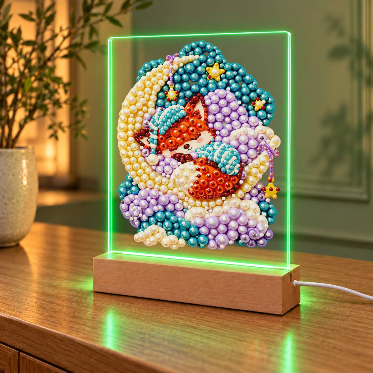 Nightcap Fox on a Crescent Moon (Light-Up Pearl Painting)