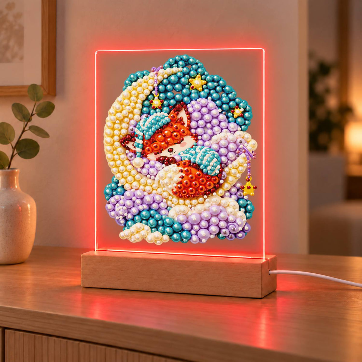 Nightcap Fox on a Crescent Moon (Light-Up Pearl Painting)