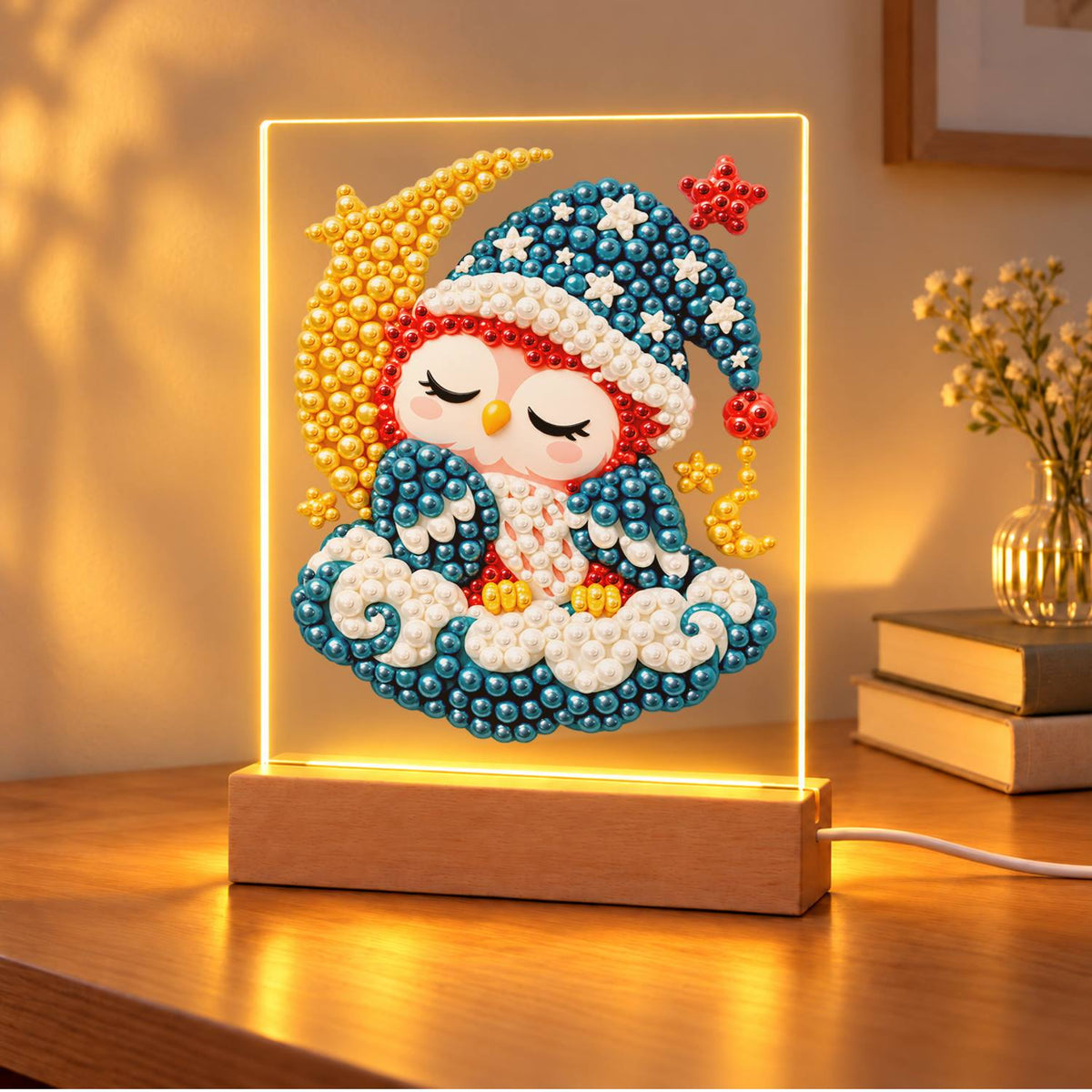 Sleepy Owl by the Crescent Moon (Light-Up Pearl Painting)