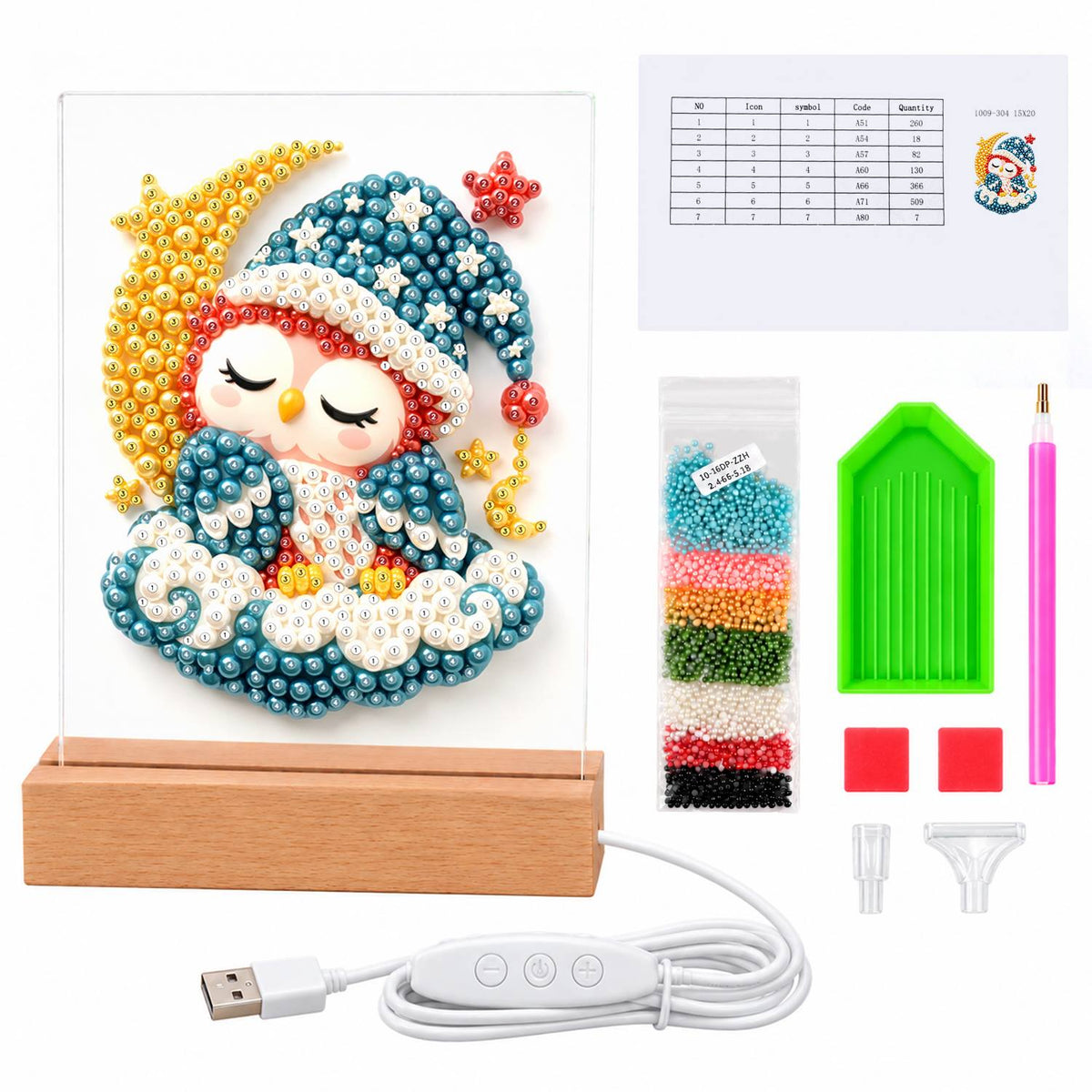 Sleepy Owl by the Crescent Moon (Light-Up Pearl Painting)