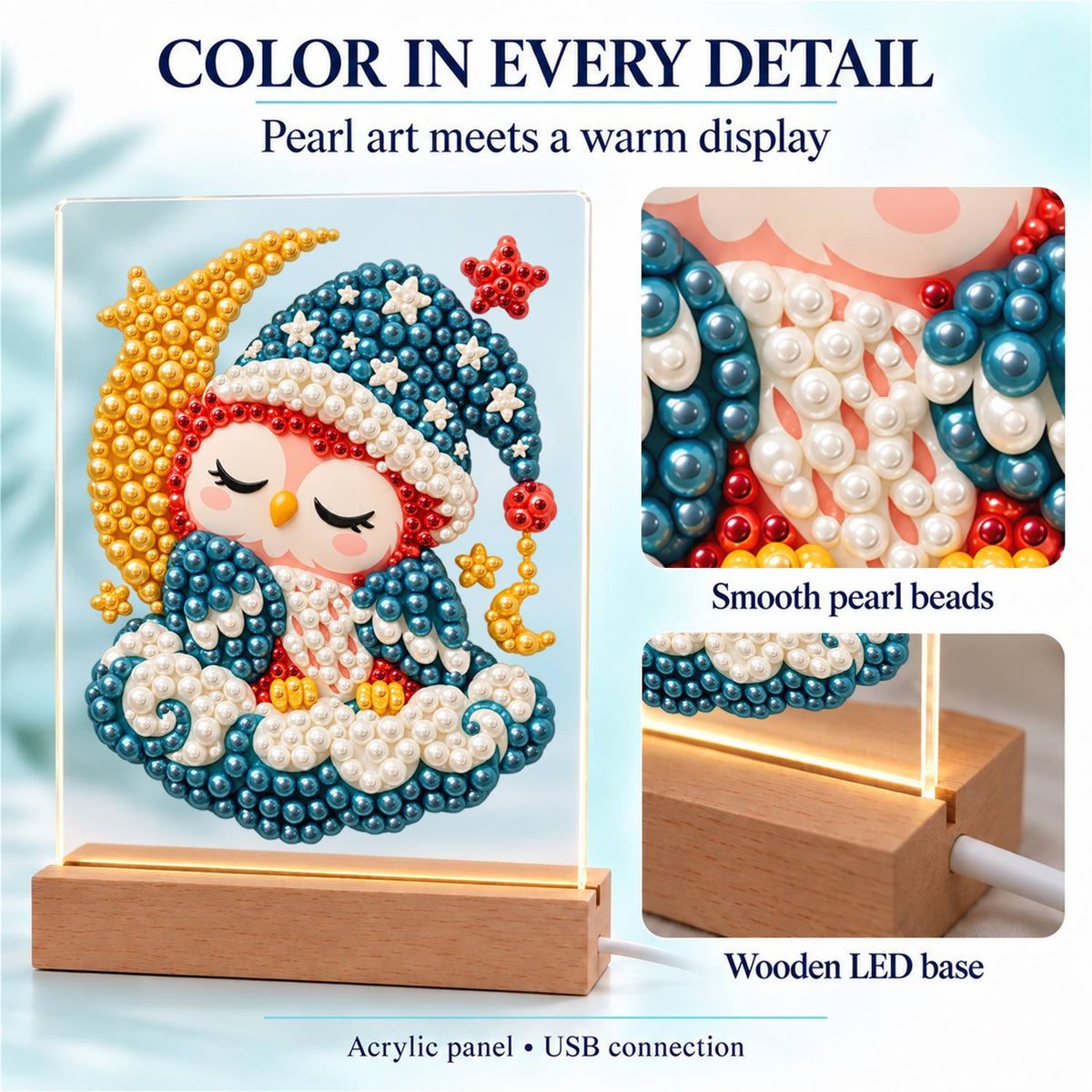 Sleepy Owl by the Crescent Moon (Light-Up Pearl Painting)
