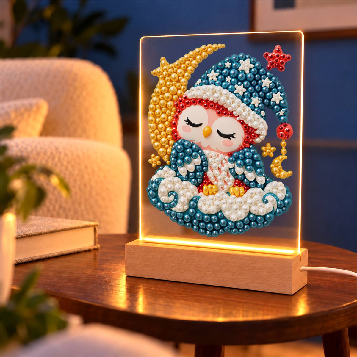 Sleepy Owl by the Crescent Moon (Light-Up Pearl Painting)