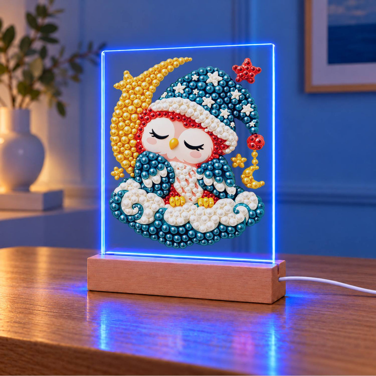 Sleepy Owl by the Crescent Moon (Light-Up Pearl Painting)