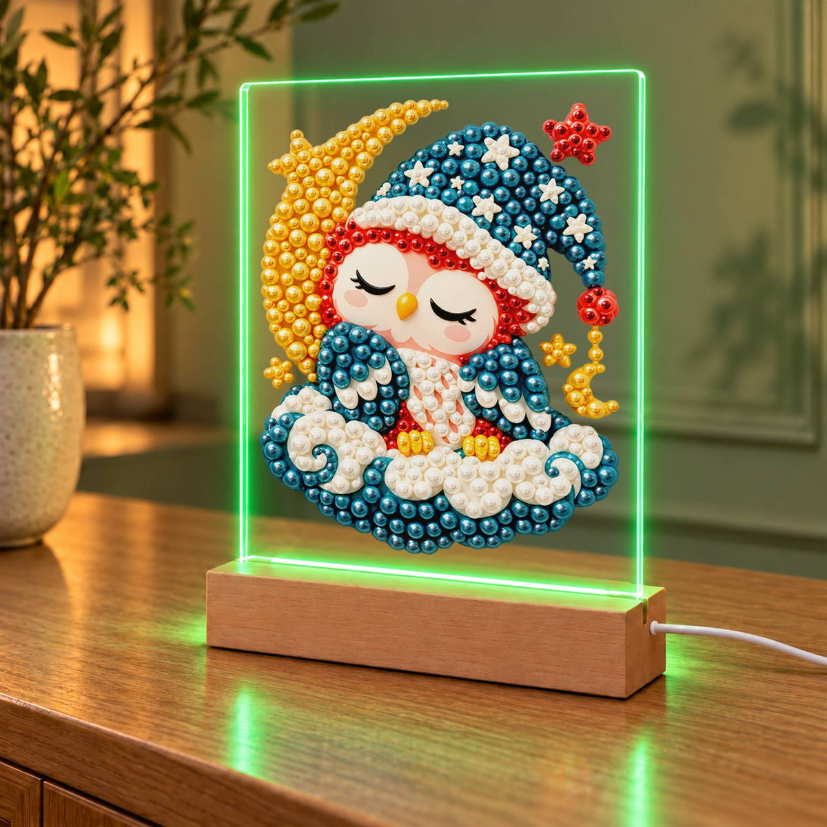 Sleepy Owl by the Crescent Moon (Light-Up Pearl Painting)