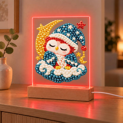 Sleepy Owl by the Crescent Moon (Light-Up Pearl Painting)