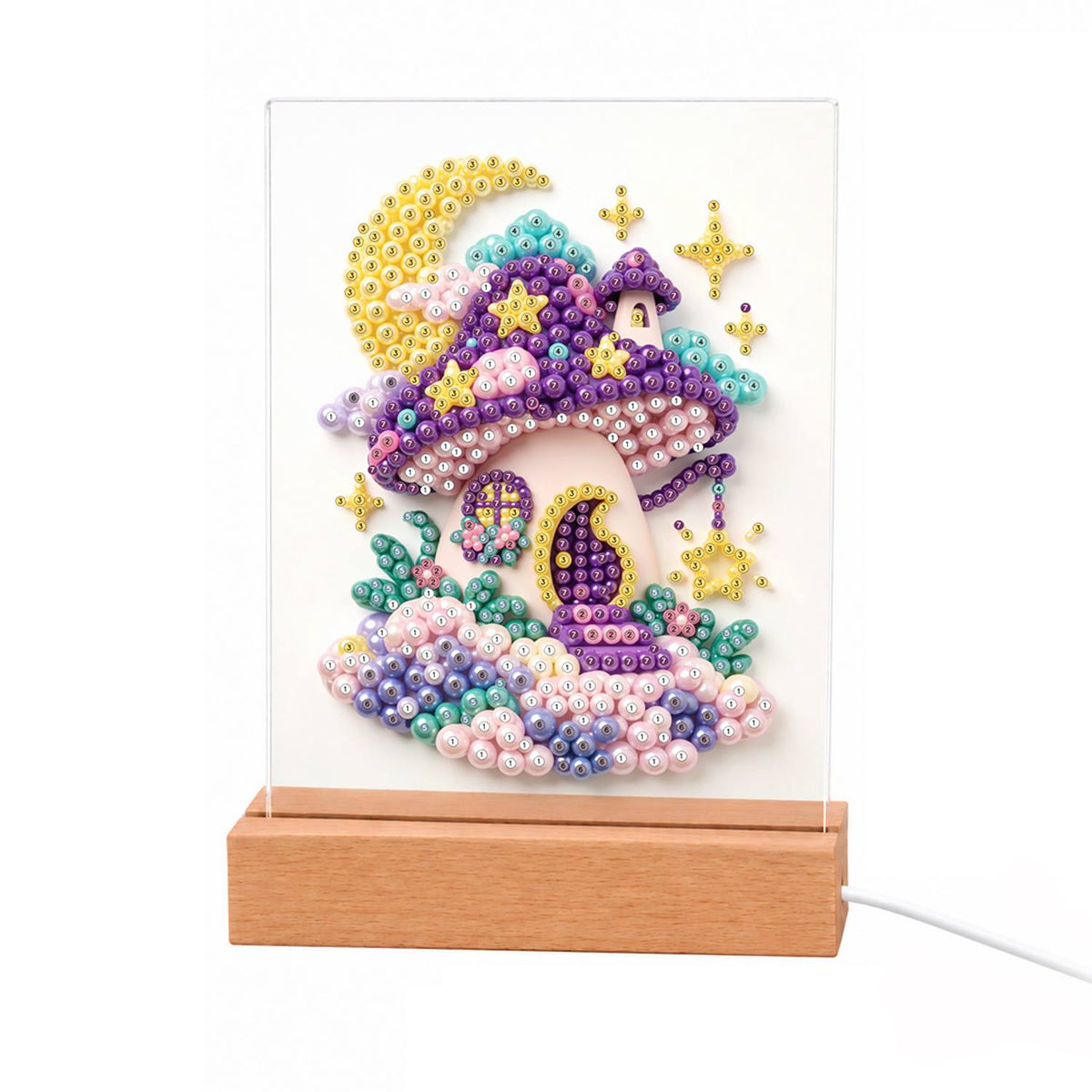 Purple Mushroom House at Moonrise light-up pearl painting – Purple mushroom house with a lantern and round door on pink clouds under a crescent moon and stars