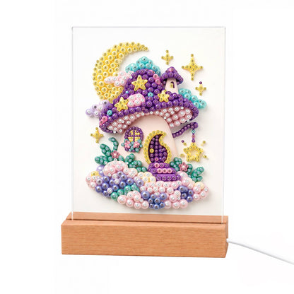 Purple Mushroom House at Moonrise light-up pearl painting – Purple mushroom house with a lantern and round door on pink clouds under a crescent moon and stars