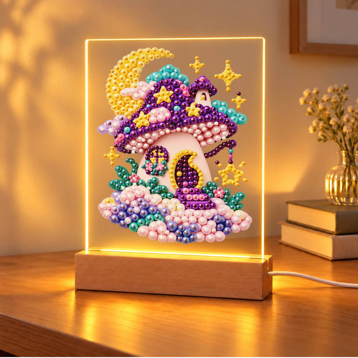 Purple Mushroom House at Moonrise (Light-Up Pearl Painting)