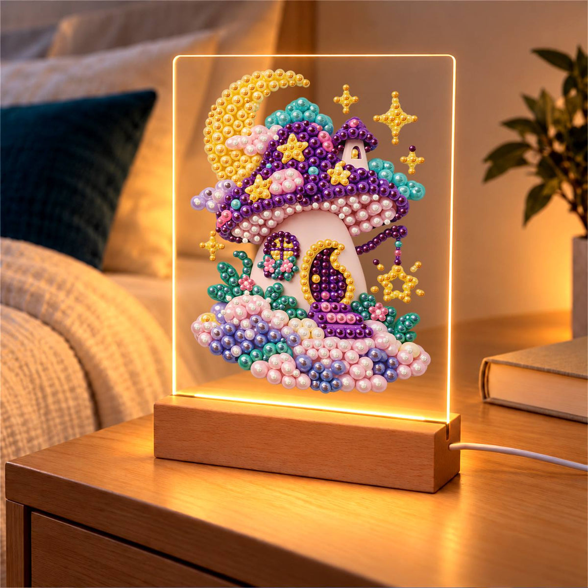 Purple Mushroom House at Moonrise (Light-Up Pearl Painting)