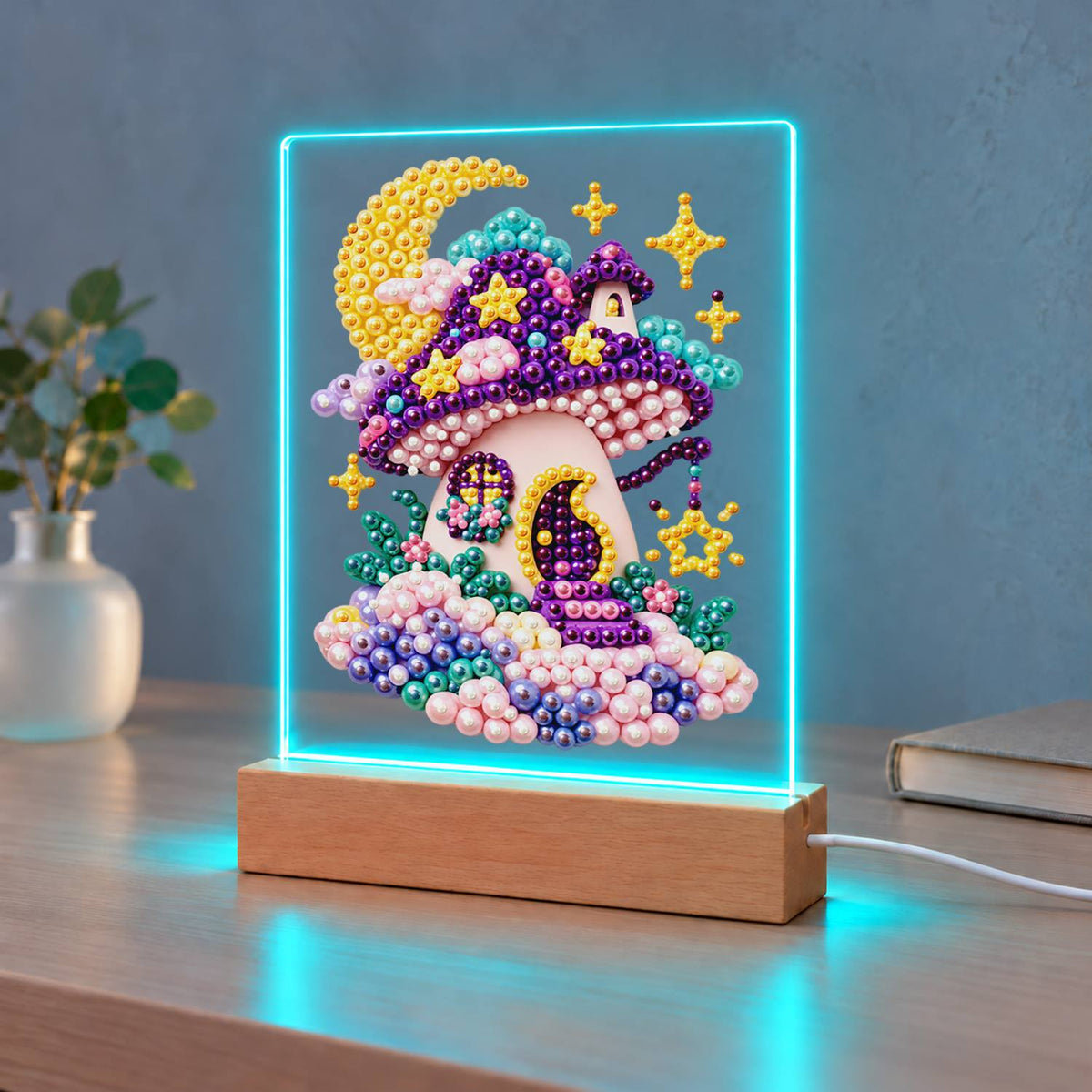 Purple Mushroom House at Moonrise (Light-Up Pearl Painting)