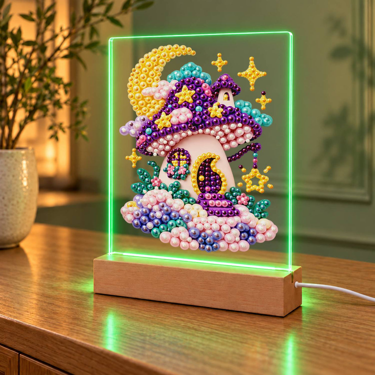 Purple Mushroom House at Moonrise (Light-Up Pearl Painting)
