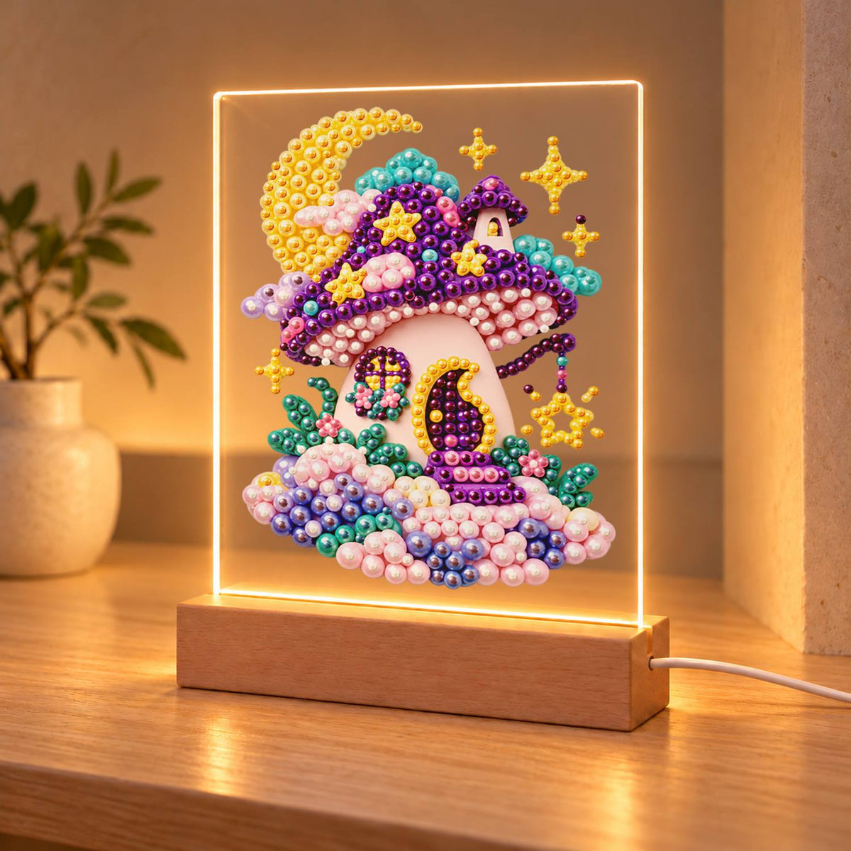Purple Mushroom House at Moonrise (Light-Up Pearl Painting)