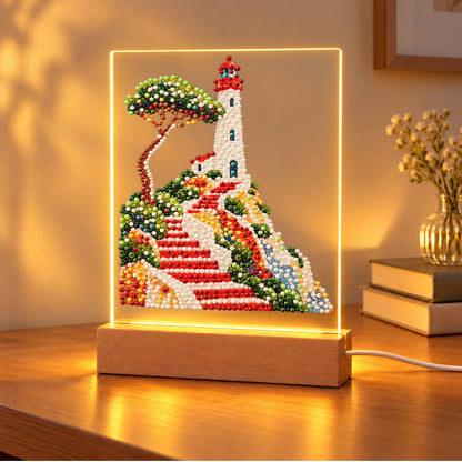 Lighthouse Above Winding Red Steps (Light-Up Pearl Painting)