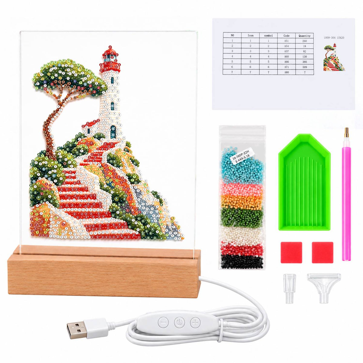 Lighthouse Above Winding Red Steps (Light-Up Pearl Painting)