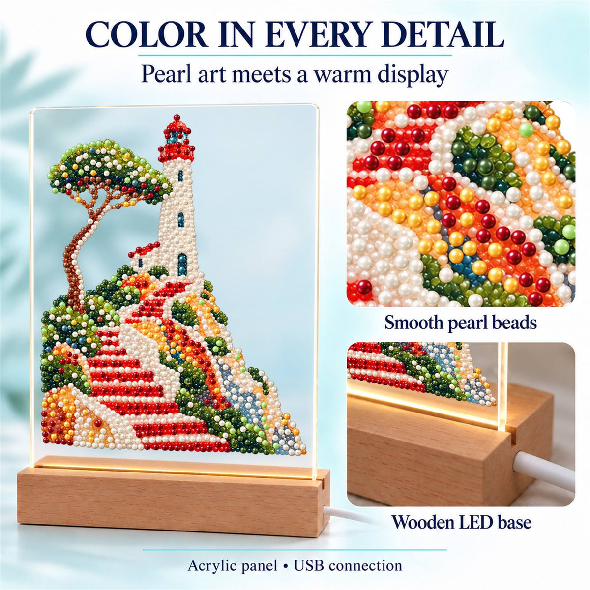 Lighthouse Above Winding Red Steps (Light-Up Pearl Painting)