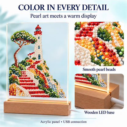 Lighthouse Above Winding Red Steps (Light-Up Pearl Painting)