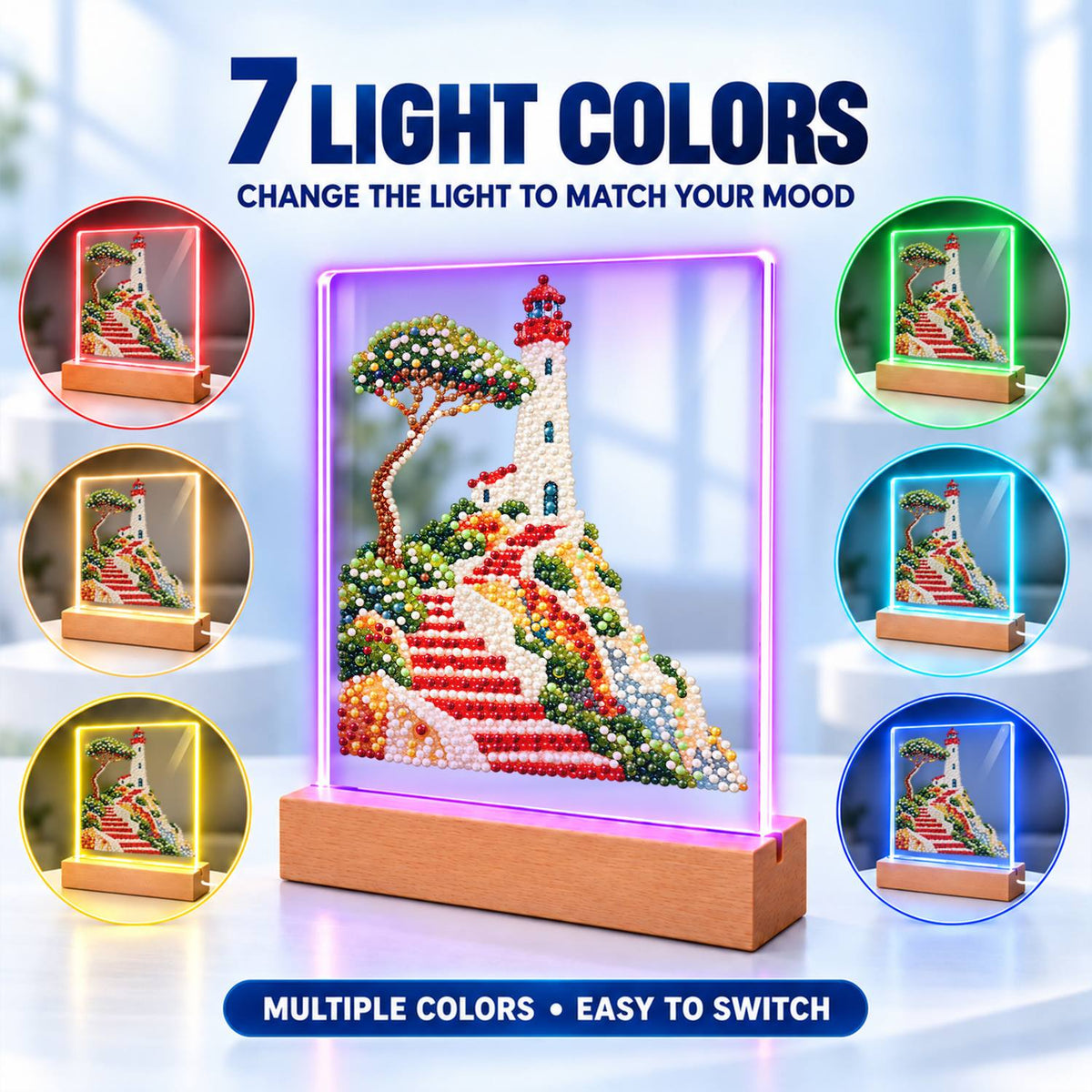 Lighthouse Above Winding Red Steps (Light-Up Pearl Painting)