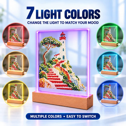 Lighthouse Above Winding Red Steps (Light-Up Pearl Painting)