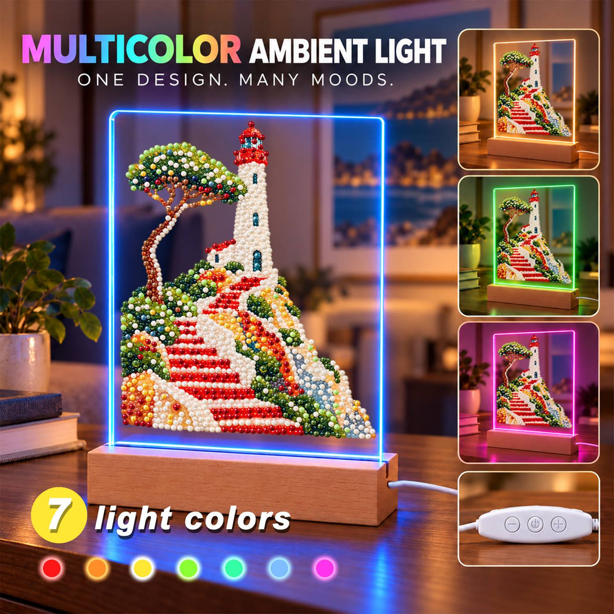 Lighthouse Above Winding Red Steps (Light-Up Pearl Painting)