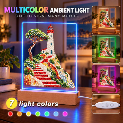 Lighthouse Above Winding Red Steps (Light-Up Pearl Painting)