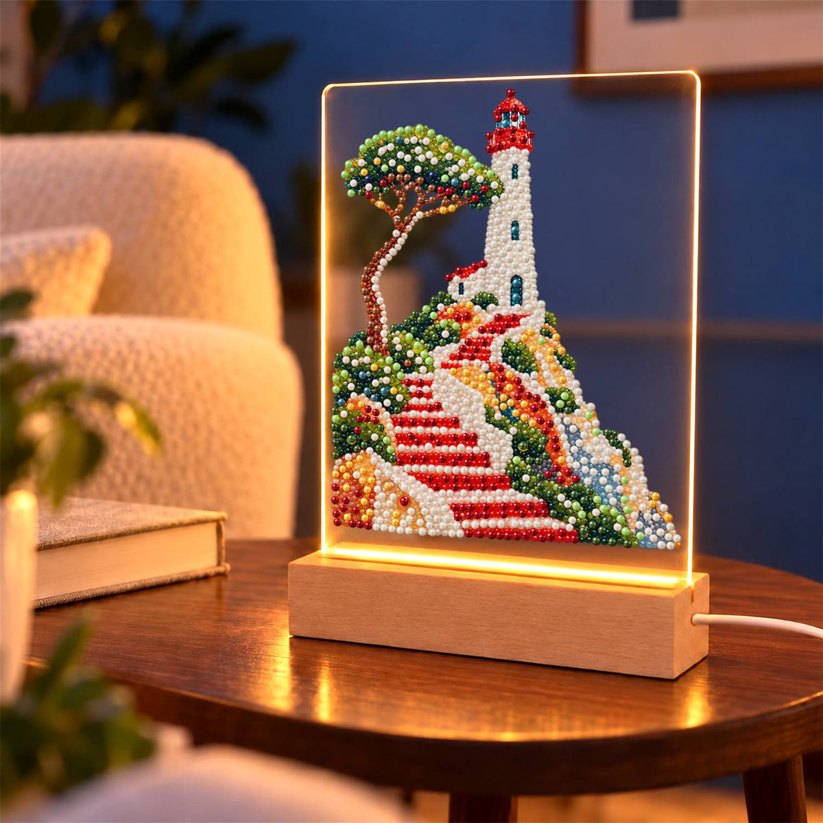 Lighthouse Above Winding Red Steps (Light-Up Pearl Painting)