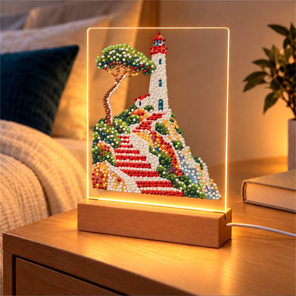 Lighthouse Above Winding Red Steps (Light-Up Pearl Painting)