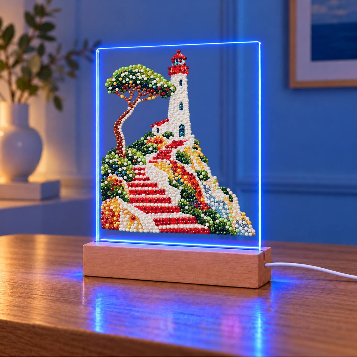 Lighthouse Above Winding Red Steps (Light-Up Pearl Painting)