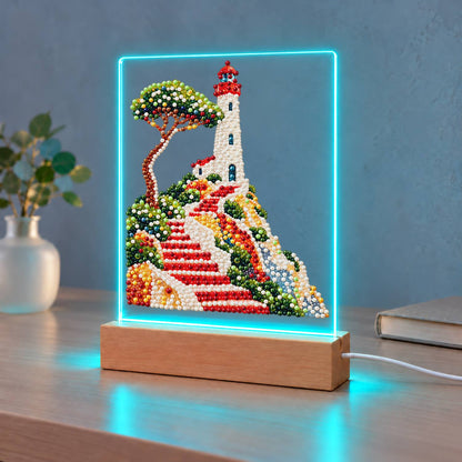 Lighthouse Above Winding Red Steps (Light-Up Pearl Painting)