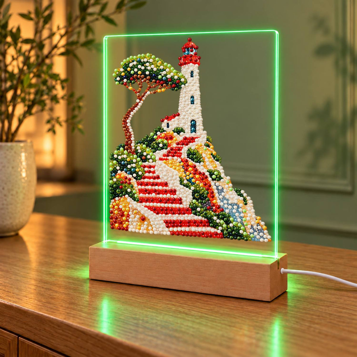 Lighthouse Above Winding Red Steps (Light-Up Pearl Painting)